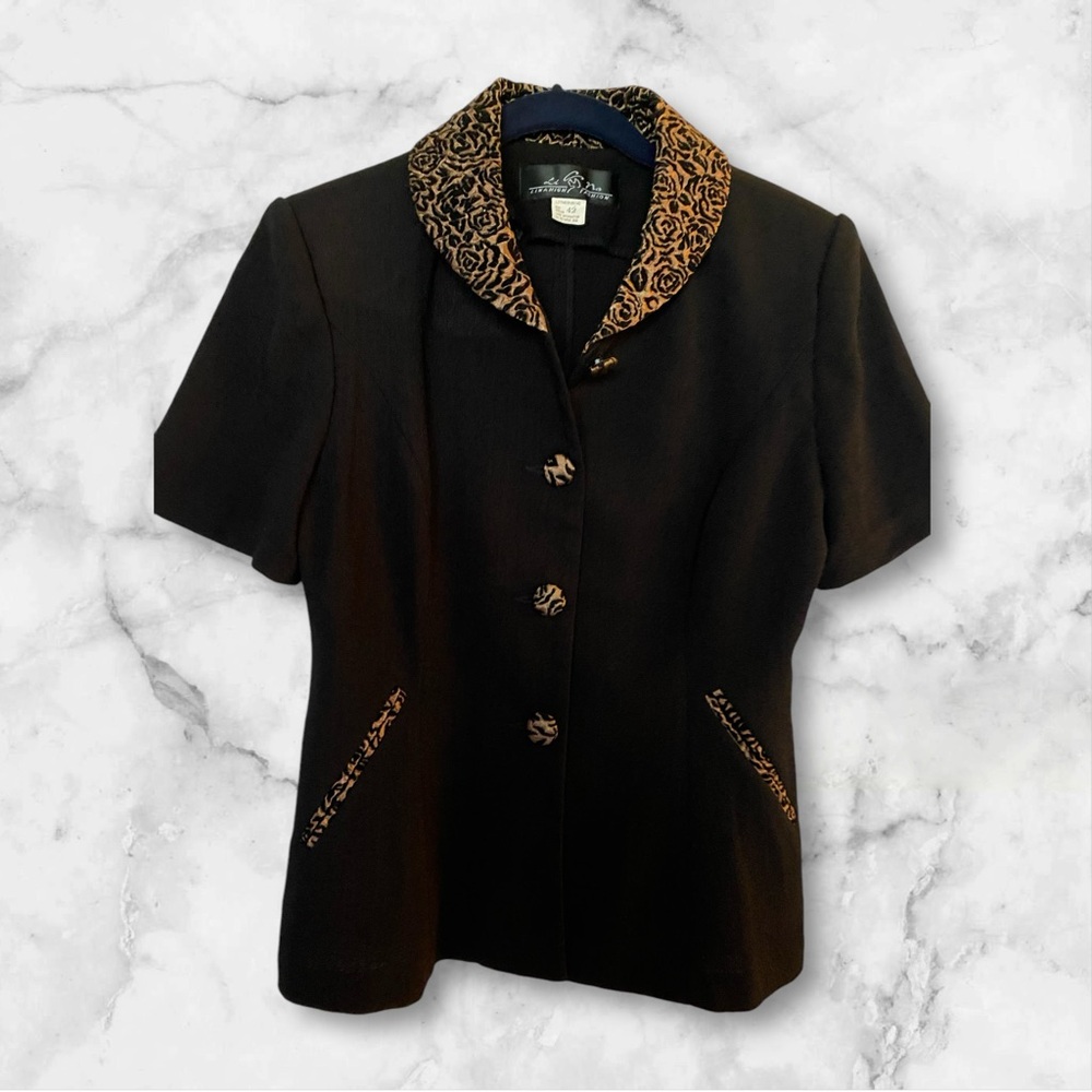 Vintage Li Na High Fashion Black Blouse with Brown Flower Details, Size Small